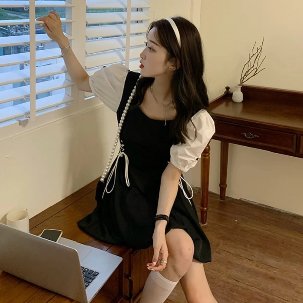 

Элегантное плиссированное короткое платье для женщин, милое мини-платье А-силуэта с завышенной талией, с кружевной шнуровкой и пышными короткими рукавами, для отпуска