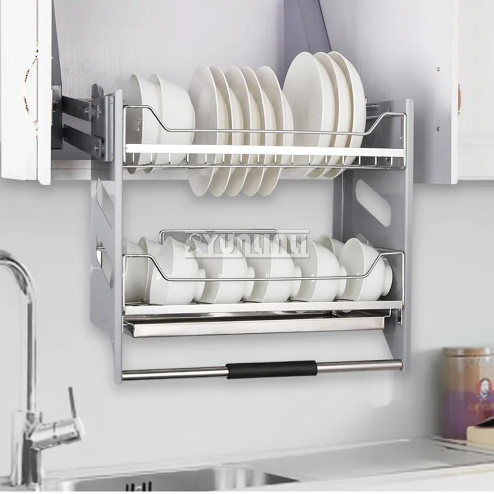 

304 Stainless Steel Kitchen Hanging Cabinet Lifting Dishes Pull Baskets Double Layer Damping Hydraulic Smooth Lift Bowls Shelf