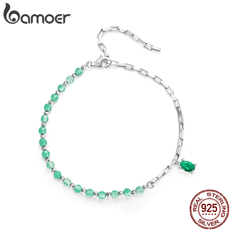 Bamoer 925 Sterling Silber Kristall grün Perlen Armband zarten quadratischen Link für Frauen Geburtstag Valentinstag Schmuck Geschenk