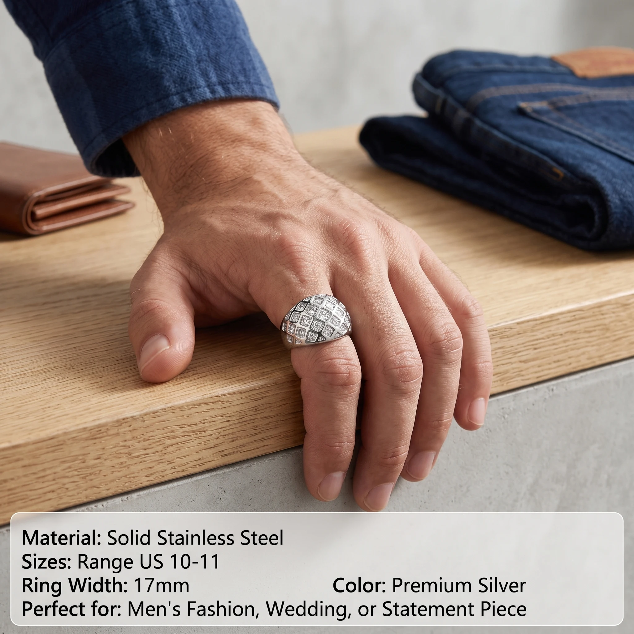 Luxury 17mm Stainless Steel Hollow Grid Ring Men Silver Color Plain Dome Statement Band Hip Hop Chunky Male Jewelry Size 10 11