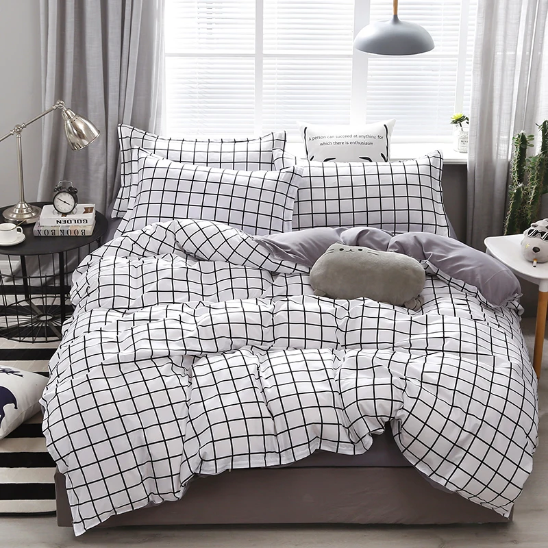 White Plaid Bedding Set Geometric Grid Duvet Cover Set for Home Bedroom,【4Pcs -1 Comforter Cover + 1 Flat Sheet + 2 Pillowcases】