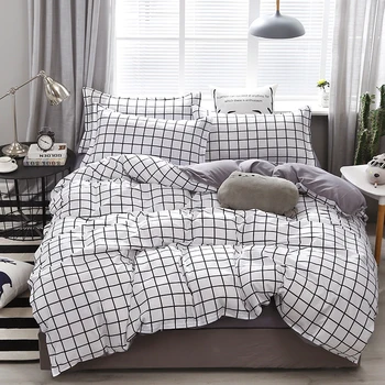 White Plaid Bedding Set Geometric Grid Duvet Cover Set for Home Bedroom,【4Pcs -1 Comforter Cover + 1 Flat Sheet + 2 Pillowcases】