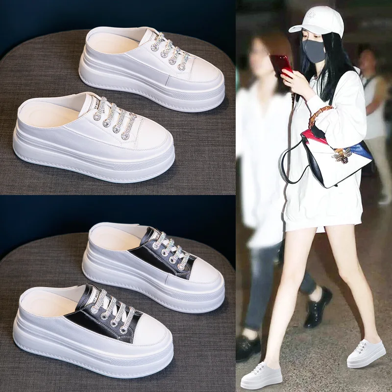 

2026 7.5cm Genuine Leather Women Slipper Summer Shoes Platform Wedge Beach Shoes Mule Leather Slip on Sneakers Sandals Shoes