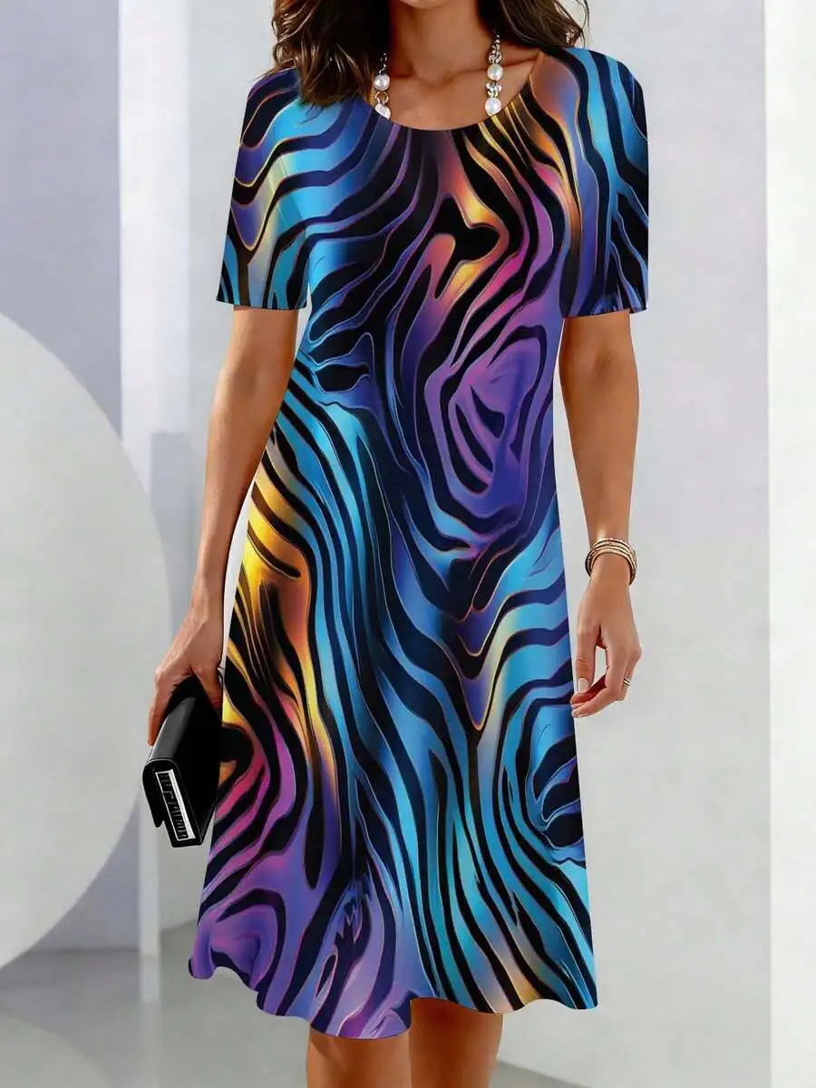 

Womens Casual Abstract Wave Print Short Sleeve Crew Neck Dress For Leisure