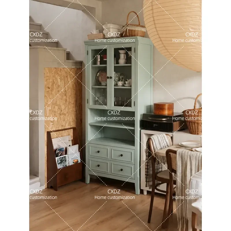 Eucalyptus Green Glass Display Cabinet with Drawers Natural Style Storage Showcase for Home Decor Household Items Organizer