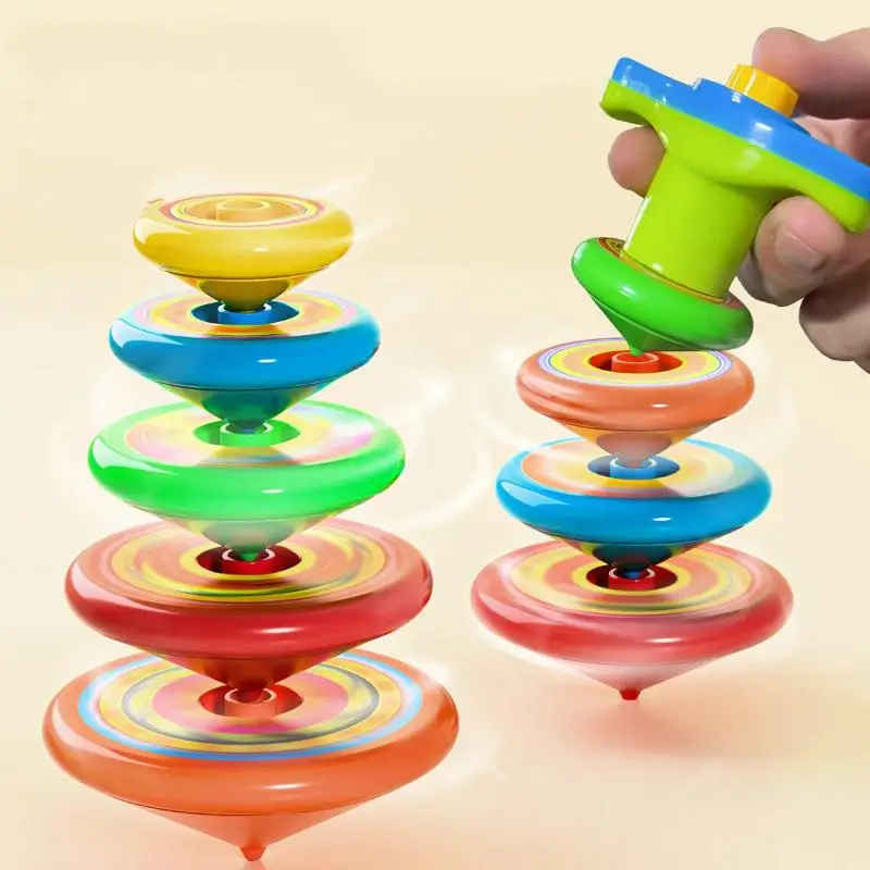 Gyroscope Stacked Spinning Top Toy 1 Set with Launcher Durable Smooth Edge Plaything for Kids Home Outdoor Party Activity