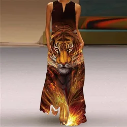 Vintage Women 3D Printing Sleeveless Boho Long Dress Summer Fashion V-neck A-line Party Dress Ladies Casual Pocket Slim Vestidos