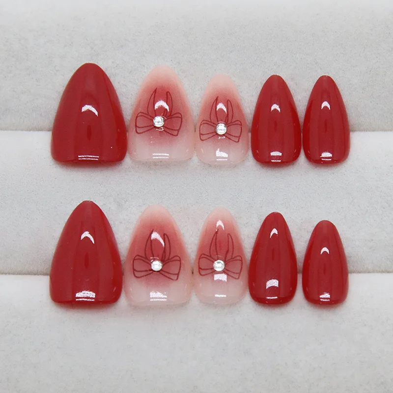 Faux Ongles Courts Brillants Rouge Amande pour Fille, Couverture Complète, Portables, Style Coréen, N64.24 Pièces