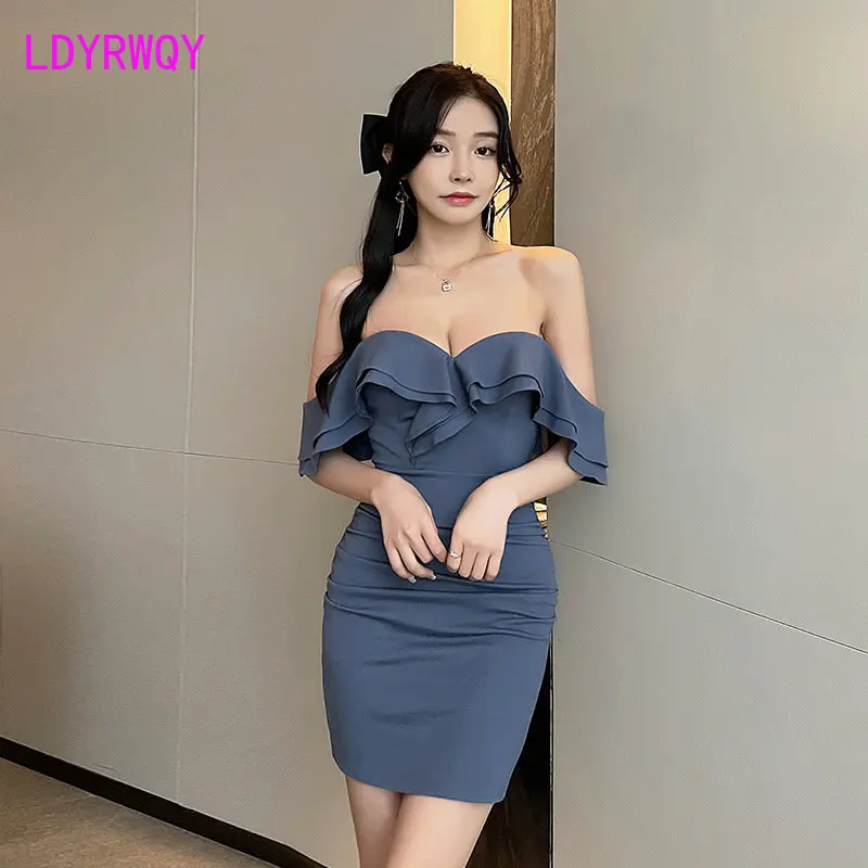 

2023 new ruffled sexy bandeau hip dress nightclub temperament wrapped chest backless tight woman