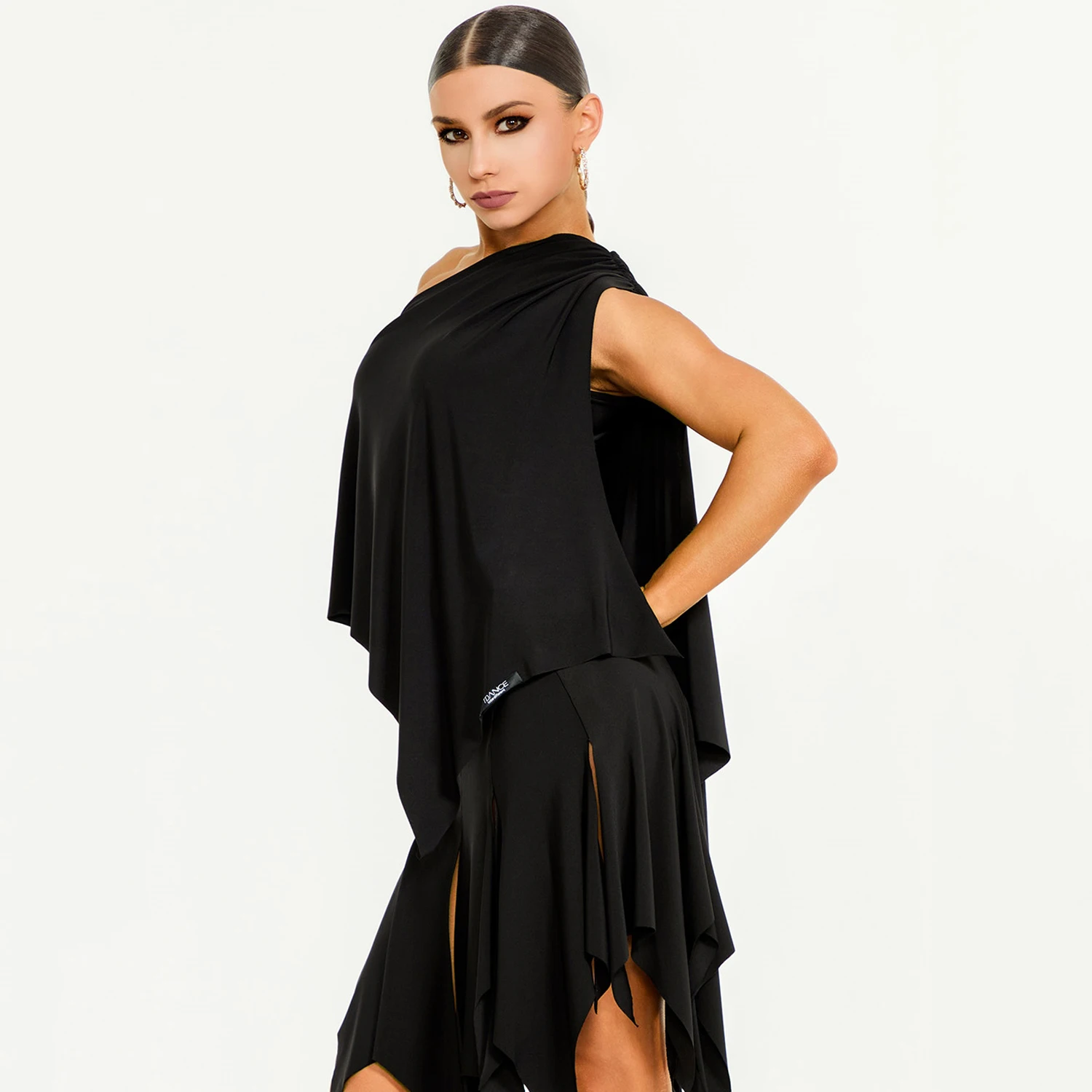 Slant Shoulder Latin Dance Clothes Women Adult Practice Tops Fringe Irregular Skirt Rumba Cha Cha Dance Wear Black Dress NV22254