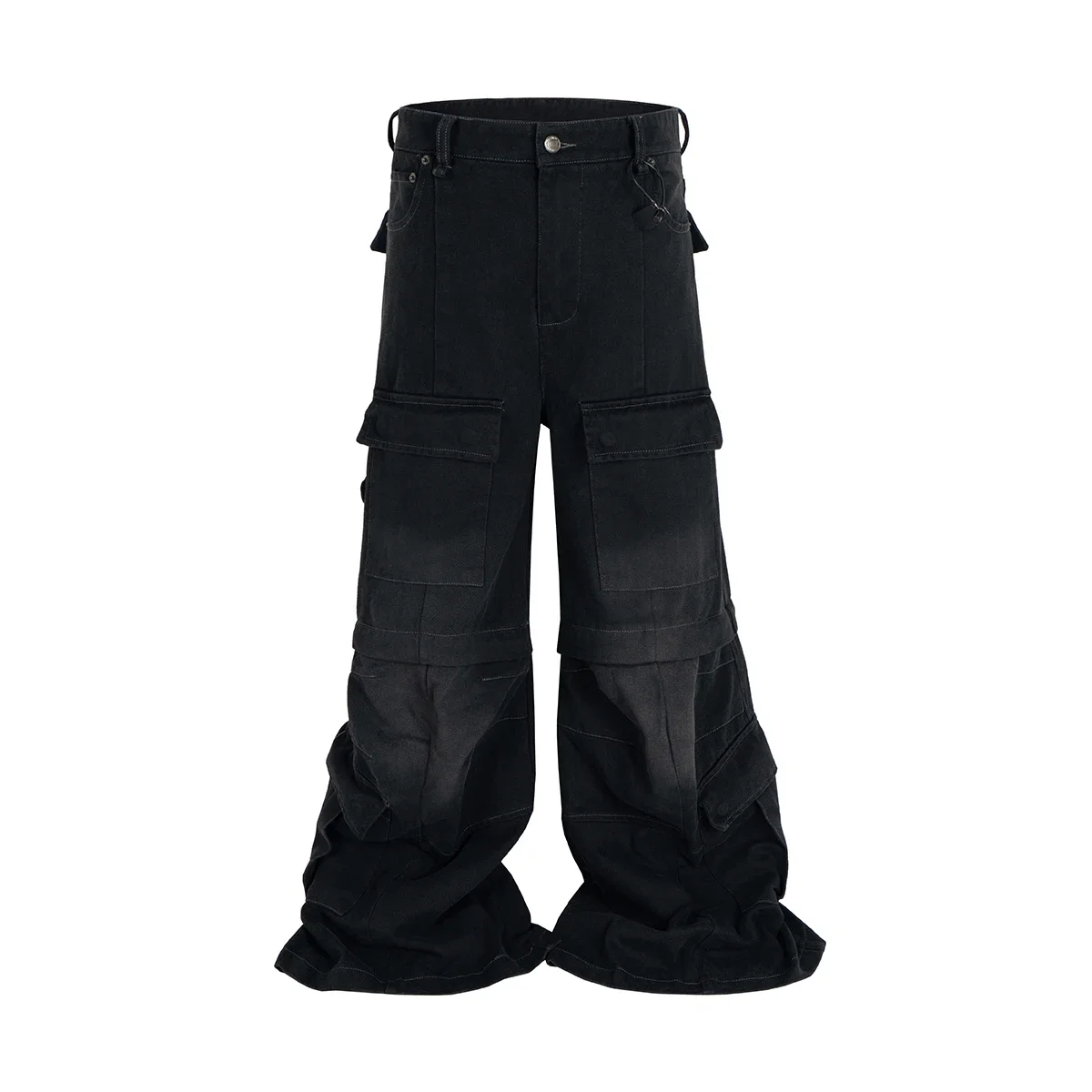 Vintage Washed Detachable Flared Cargos Mens Straight Casual Baggy Overalls Oversized Streetwear Boot Cut Black Color Trousers