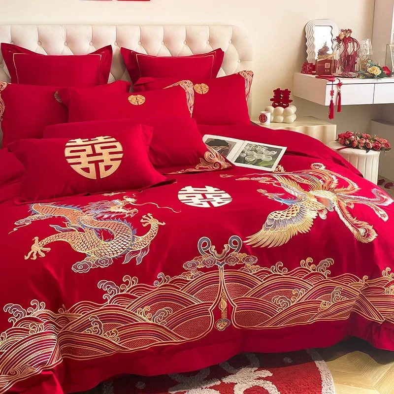 High-end big red wedding four-piece set, dragon and phoenix double happiness embroidered quilt cover, bed sheet, new house happy