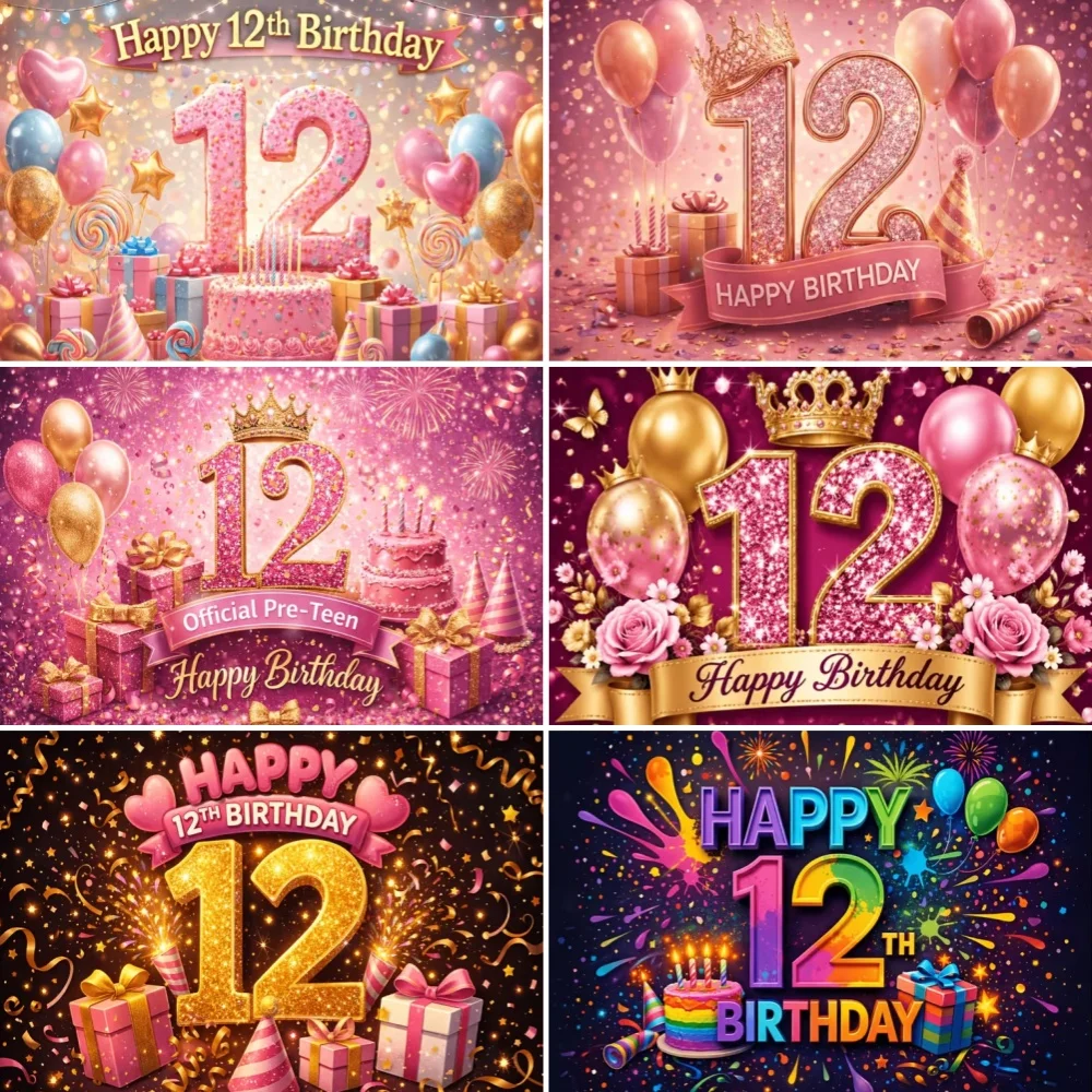 Happy 12th Birthday Party Decoration Background Glitter Balloons Gifts 12 Year Old Photography Backdrop Photo Booth Banner Props