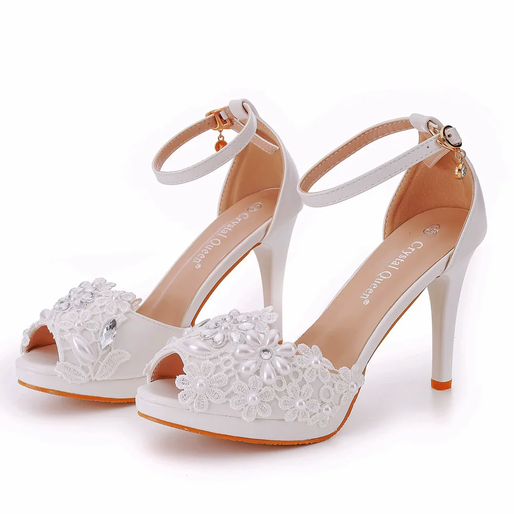 

Summer round-toed fish mouth hollow white pearl lace decle thin-heeled wedding shoes banquet large size high-heeled women sandal