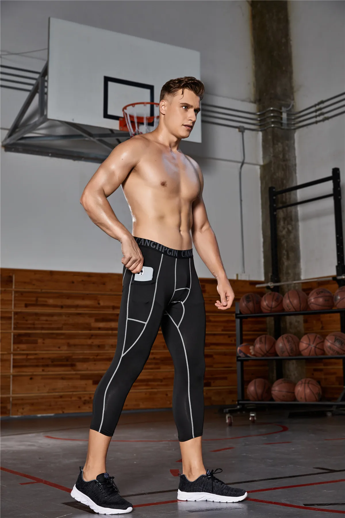 Mens 3/4 Running Sport Tights Athletic Crossfit Basketball Trousers Quick Dry Fit Gym Workout Fitness Pants Compression Leggings