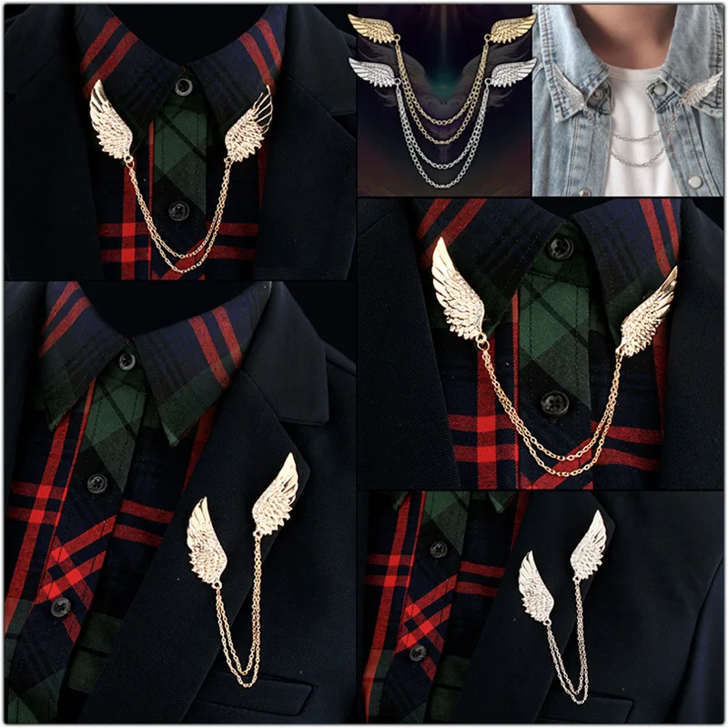 New Fashion Crystal Angel Wing Brooch Metal Tassels Chain Lapel Pins Men Suit Shirt Corsage Gifts for Women Accessories Gift