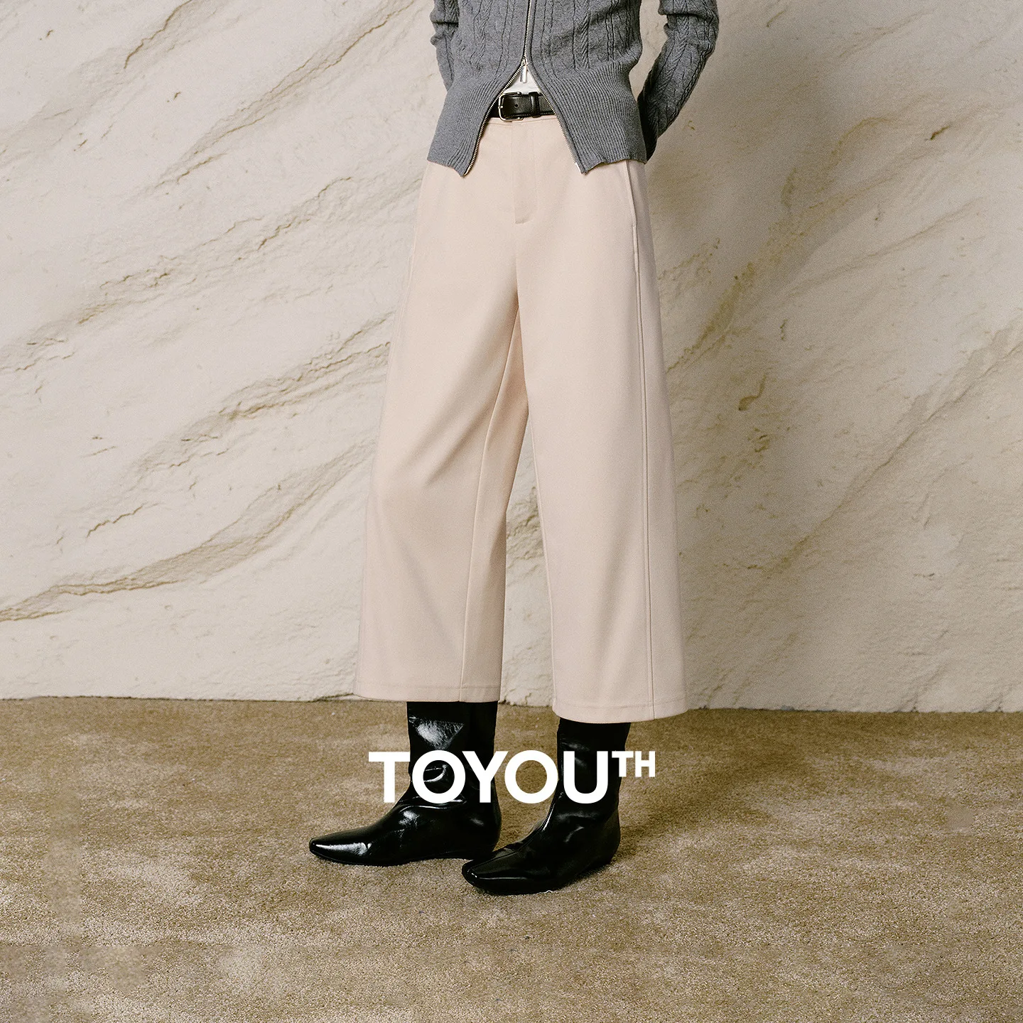 TOYOUTH Women High Waist Drape Wide Leg Suit Pants 2026 Winter New Woolen Cropped Trousers Commute Casual Pants