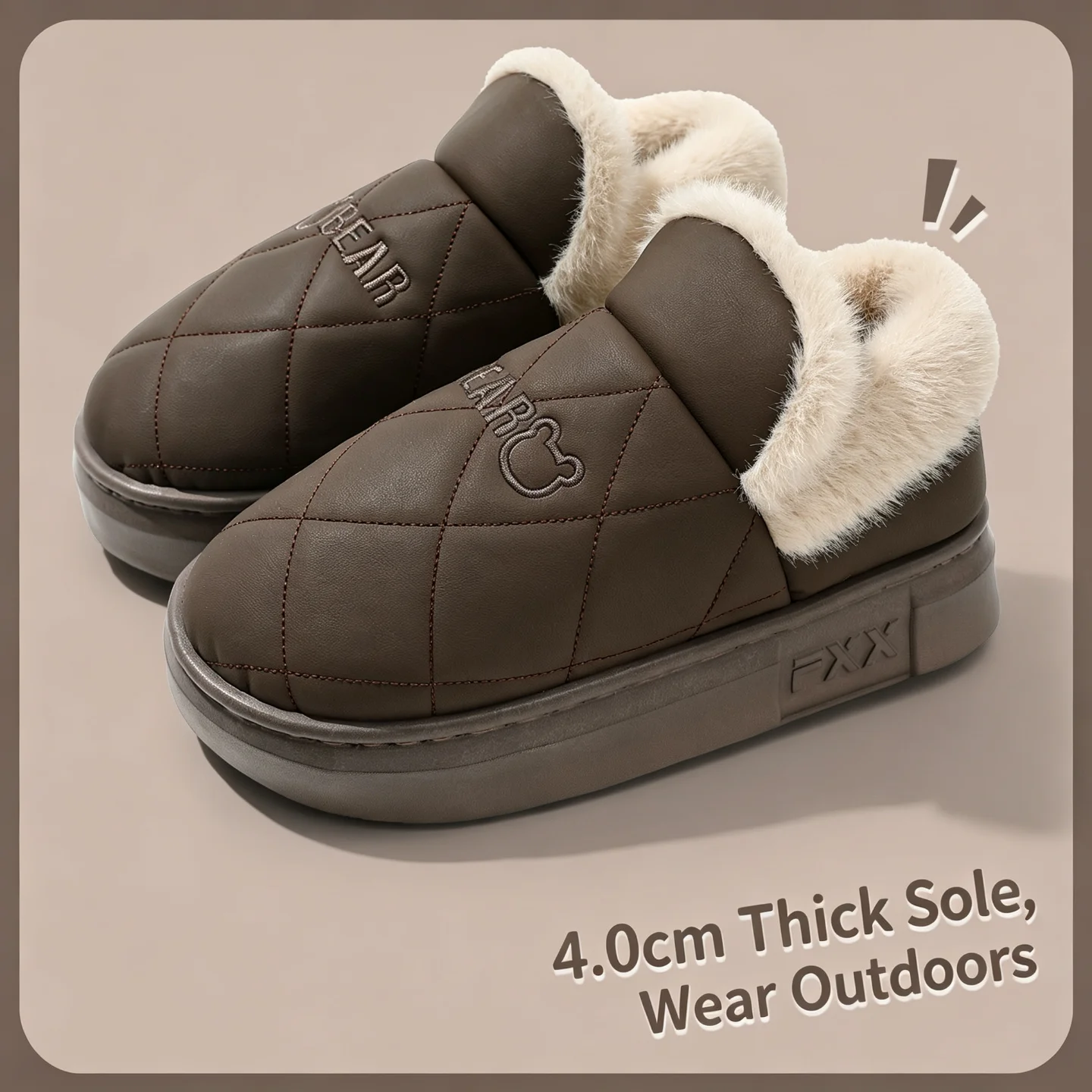 Winter Wasserdichte Hausschuhe für Damen und Herren, Warme Plüsch-Hausschuhe mit Dicker Sohle, Bären-Stickerei, Rutschfeste Indoor-Baumwoll-Fell-Schuhe – Detail 7