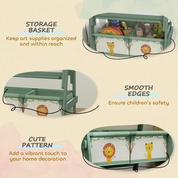 Qaba Art Chevalet pour enfants, tableau blanc double face et tableau, paniers de rangement, âgés de 3 à 8 ans, vert