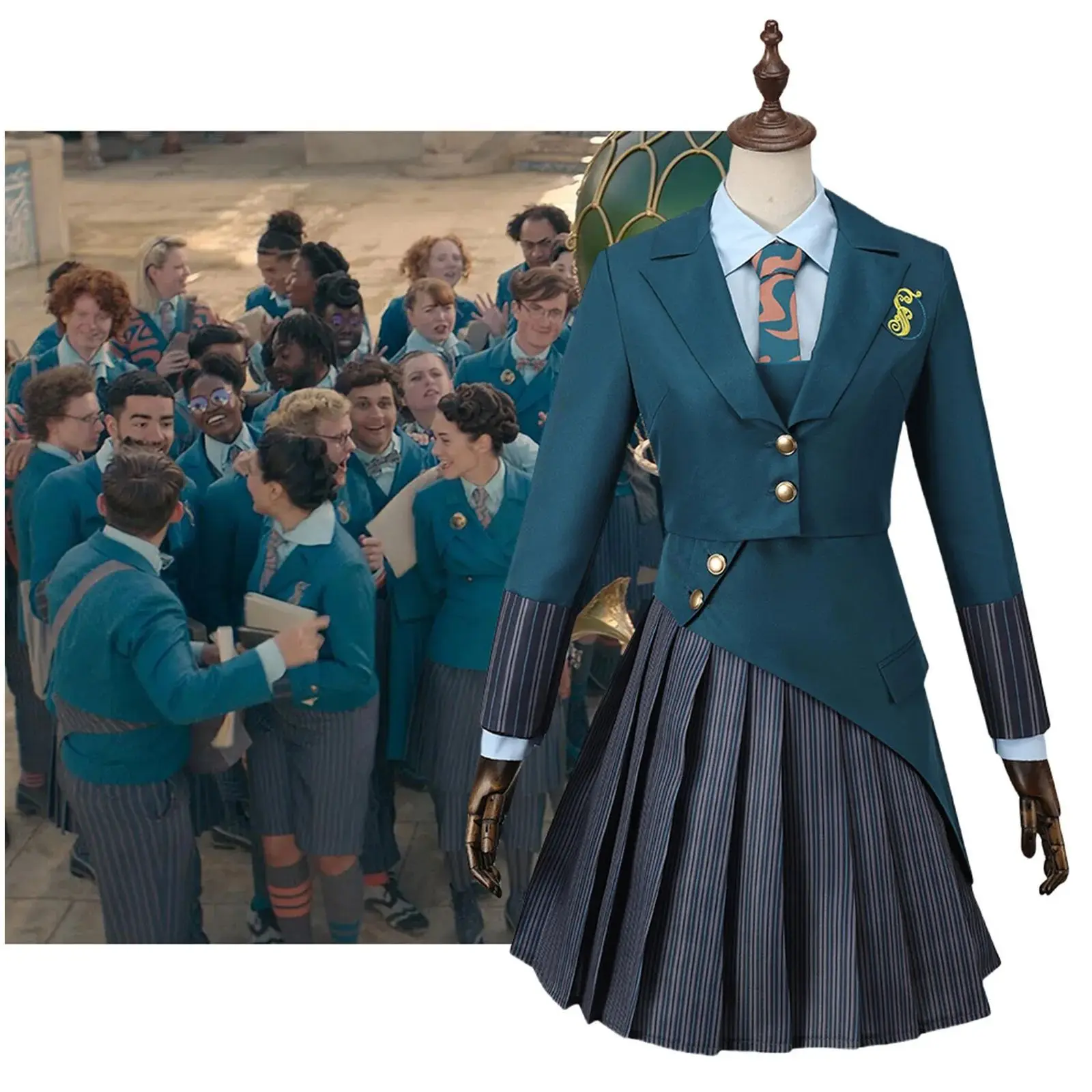 

Witch Glynda Elphaba Cosplay Costume Green Jacket Skirt with Tie School Uniform Suit Halloween Party Outfit for Woman Girls