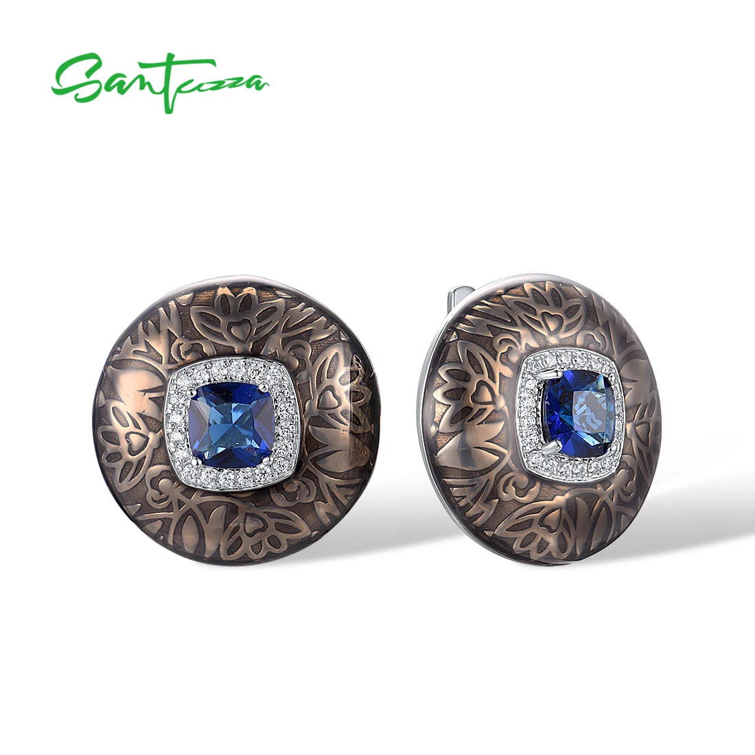 

SANTUZZA Pure 925 Sterling Silver Earrings For Women Sparkling Blue Stone White CZ Exquisit Enamel Round Elegant Fine Jewelry