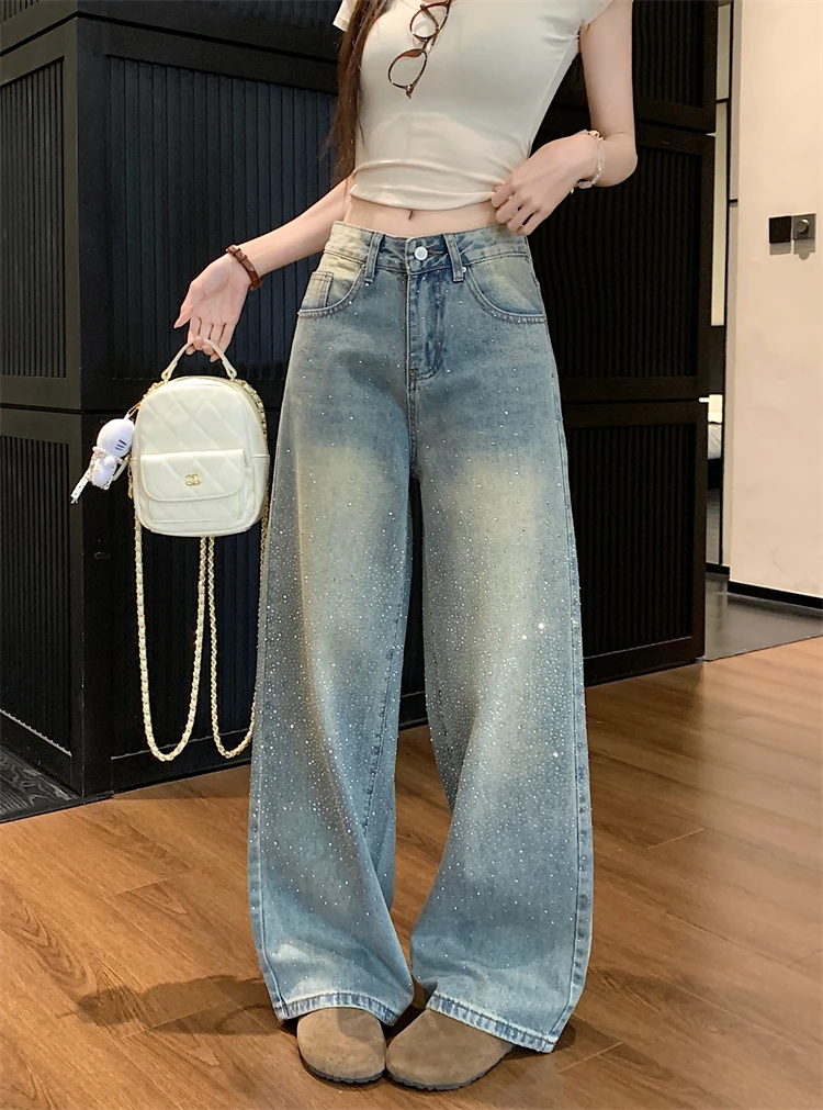 

High Waist Straight Leg Denim Jeans Women's Spring Summer New Sle Glitter Loose Fit Casual Wide Leg Floor Length Knife ...