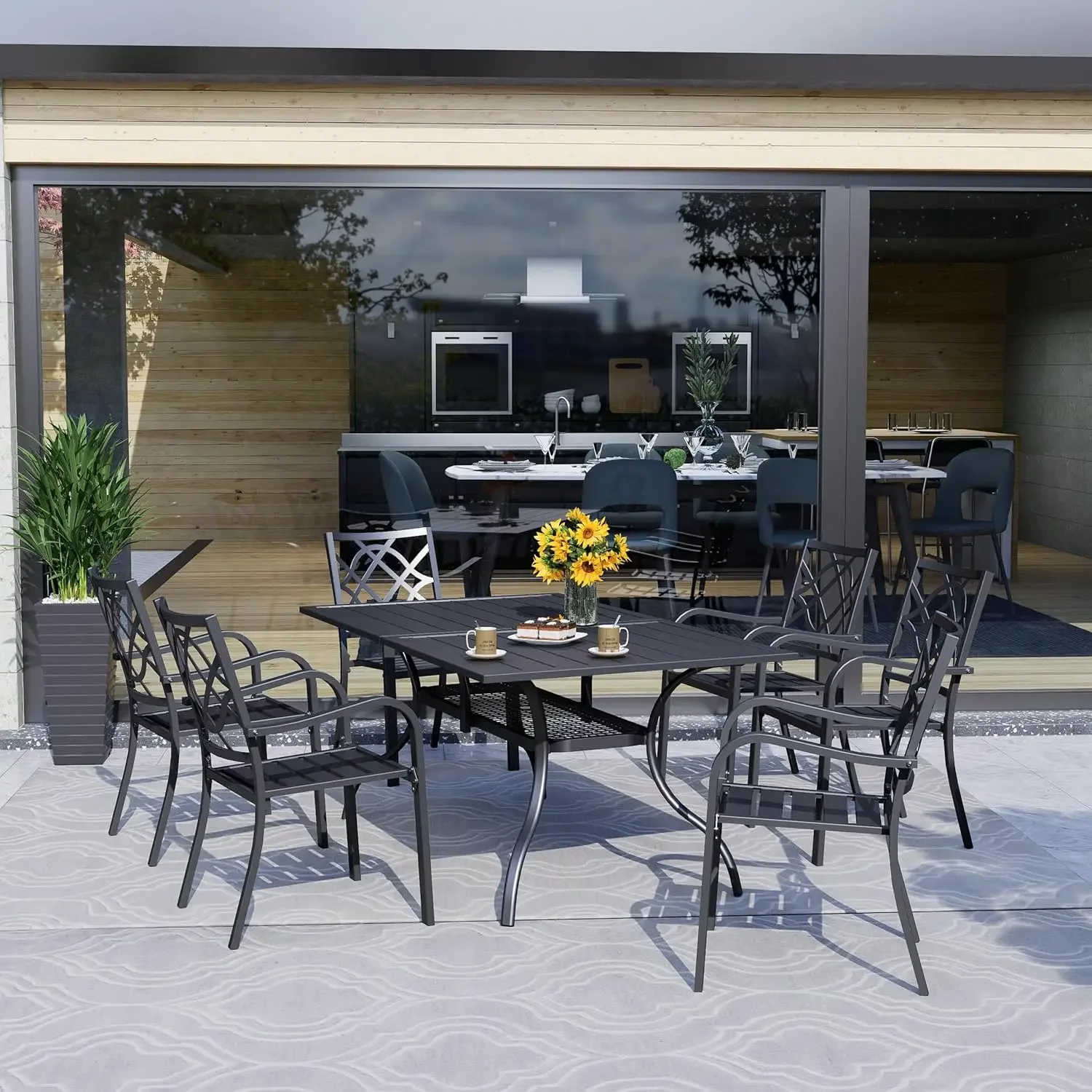 Juego de comedor para patio al aire libre de 7 piezas, juego de mesa y sillas exteriores para 6 personas, de 6, mesa de listones con orificio para sombrilla de 1,57" (negro)