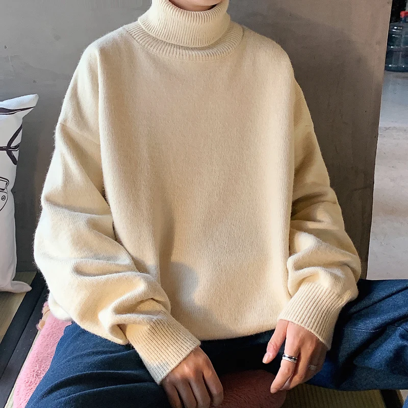 Männer Rollkragenpullover Herbst männer Warme Gestrickte Pullover Einfarbig Harajuku Koreanischen Stil High Neck Übergroßen Männlichen Marke