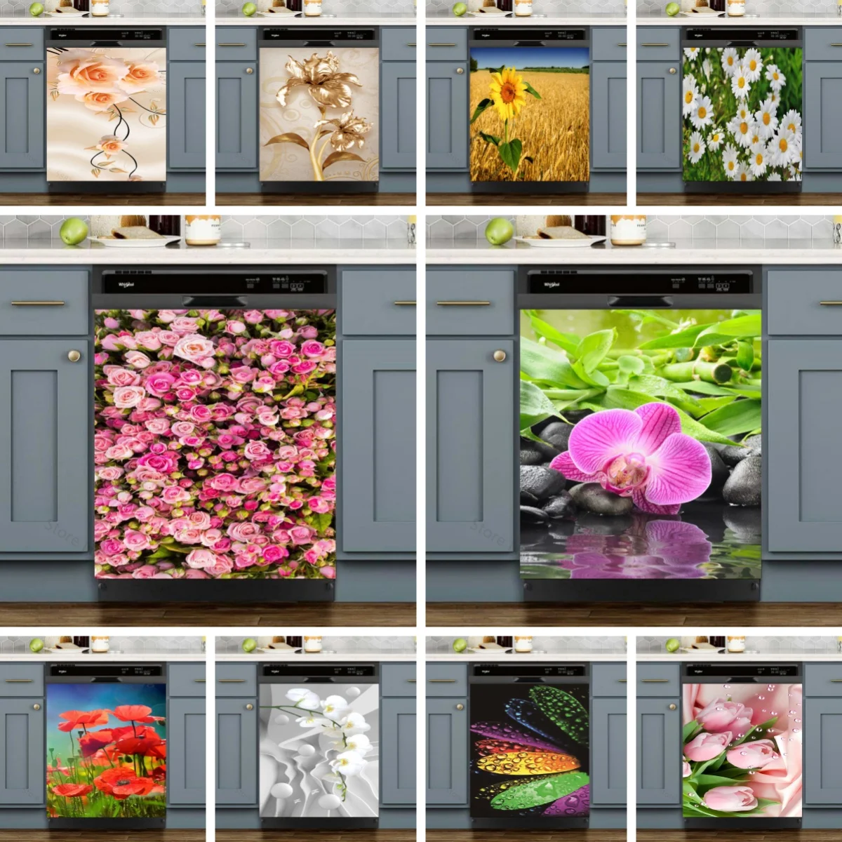 Self-Adhesive Vinyl Flower Dishwasher Sticker Building Landscape Wallpaper 3D Cupboard Door Decoration Decal Custom For Home Art