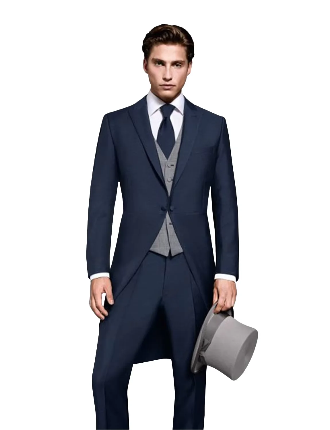 

Men's Navy Blue 3-Piece Tailcoat Suit - 1-Button Peak Lapel Wedding Tuxedo (Jacket+Waistcoat+Trousers) | Formal