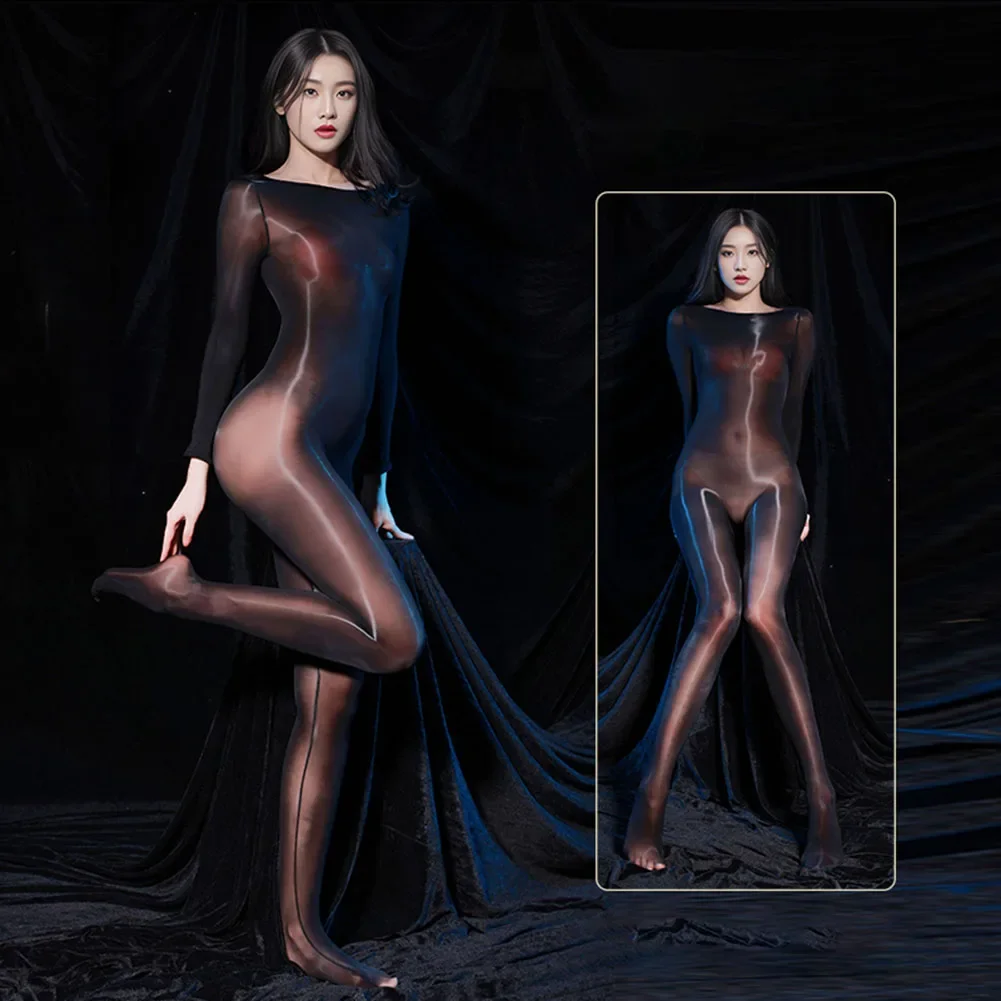 Unisex Seamless  Oil Shiny Transparent Jumpsuit Sexy Tight Stockings Full Body Solid  Costume Seamless Nightclub Exposed Outfit