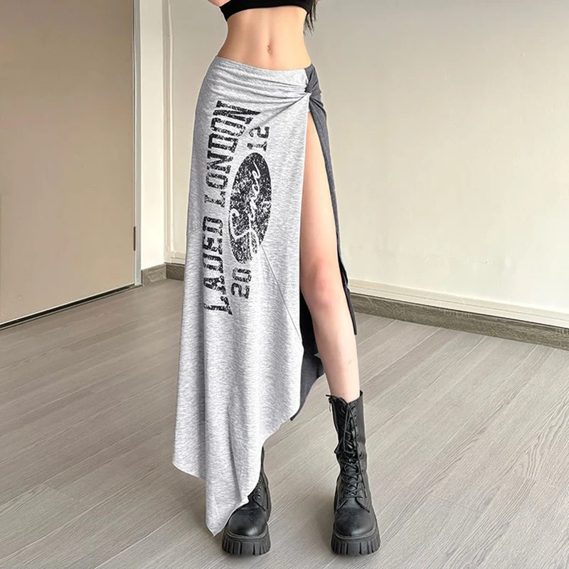 Fashion Print Side Slit Skirts Women Y2K Streetwear Patchwork Irregular Midi Skirts American High Waist All Match A-Line Skirt