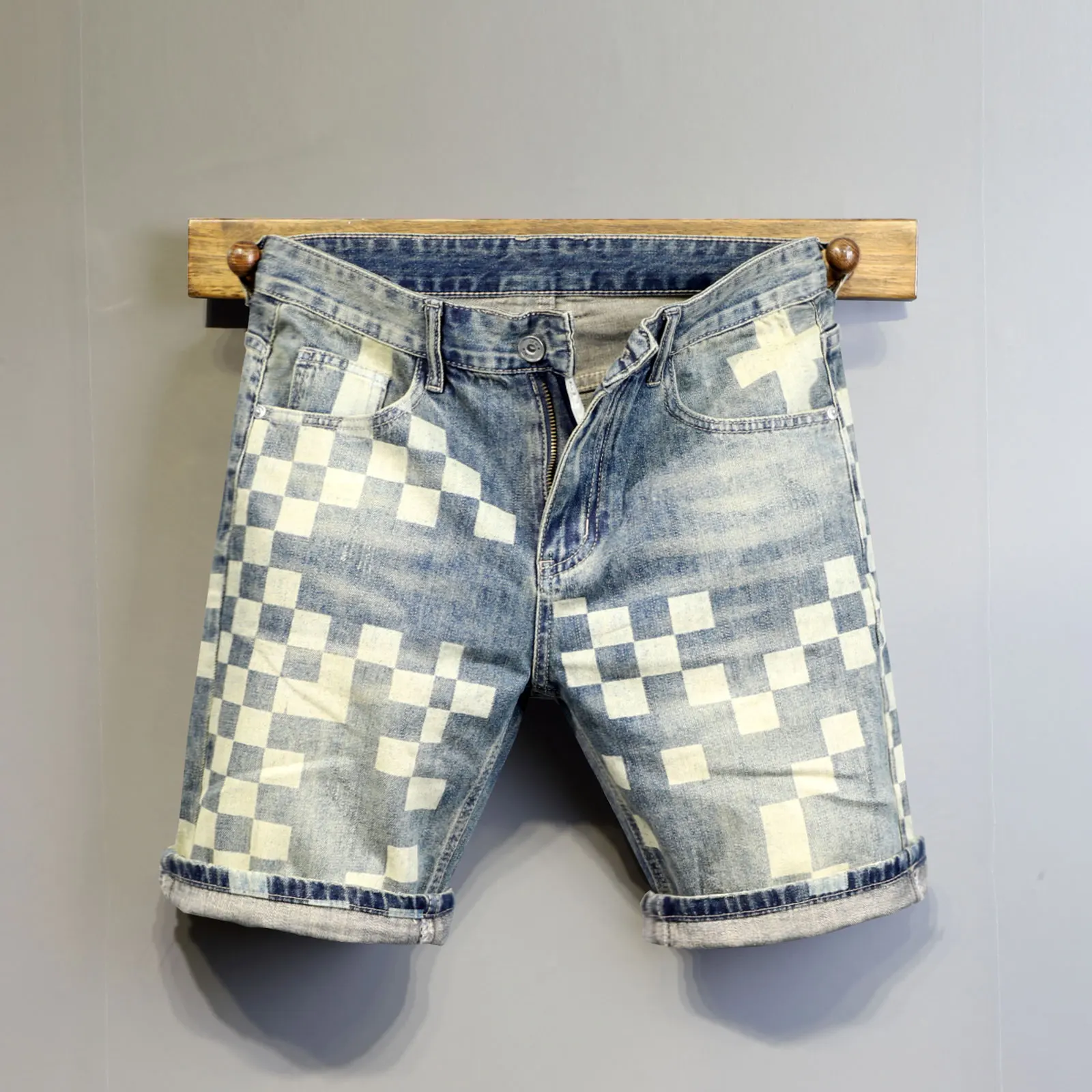 

Fashionable Vintage Plaid Print Men's Short Jeans Casual Loose Fit Five-Quarter Length Mid-Waist High Waist Denim Shorts