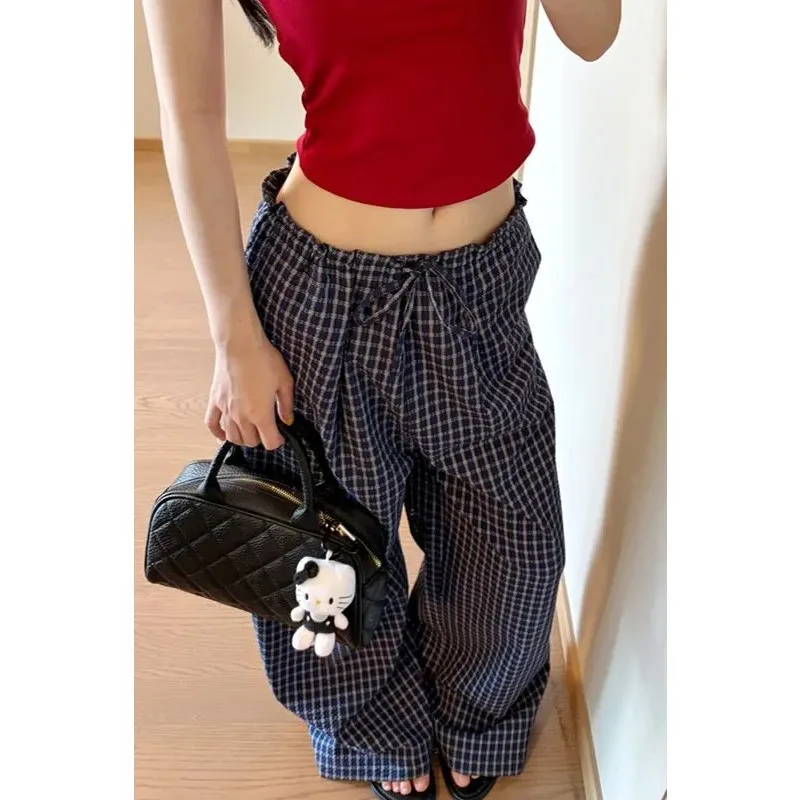 Damen-Hose mit weitem Bein, schwarz-weiß kariert, mit Blasenmuster, Baumwolle, elastische Taille, Kordelzug, Freizeithose