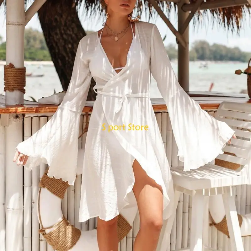 U2JB レディース ベルスリーブ ビーチドレス 水着 着物 カーディガン レースアップ ビキニ カバーアップ