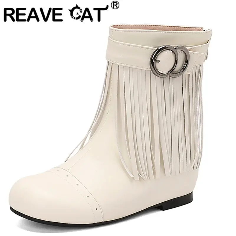 

REAVE CAT Tassels Women Mid Calf Boots Round Toe 3.5cm Increased Heel Back Zipper Belt Buckle Plus Size 43 44 45 Sweet Booties