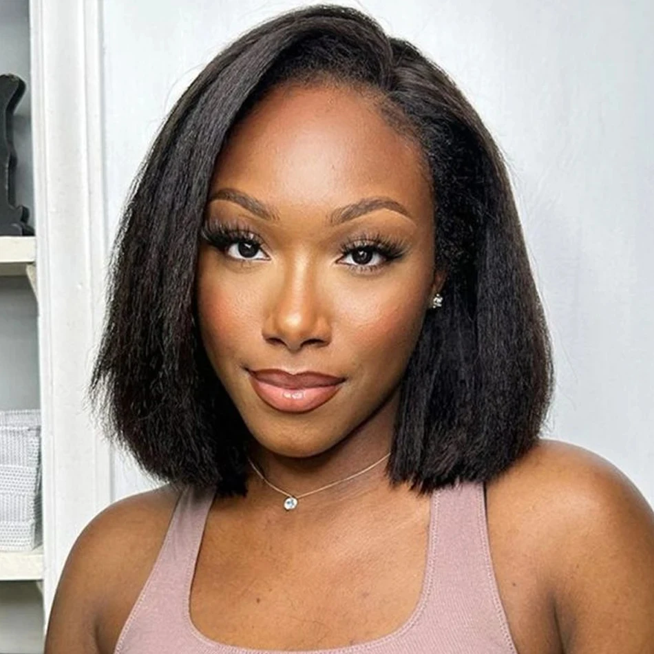 

13*4 Short Bob 12Inch Black Soft 180% Density Glueless Yaki Kinky Straight Lace Front Wig For Women With Baby Hair Preplucked