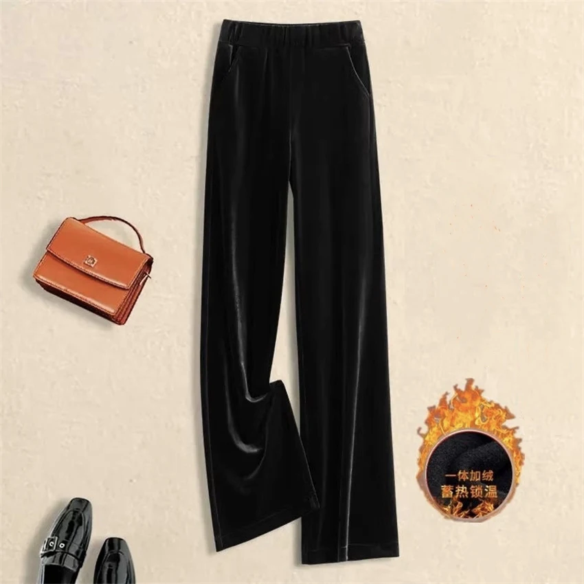 Gowyimmes 2025 New Fahsion Big Size Women Gold Velvet Pants Casual Lady Solid High Waist Wide Leg Pant Female long Trousers 1819