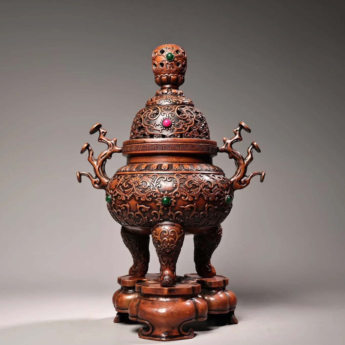 

12"Xizang Folk Old Bronze Mosaic Gem Lingzhi Ear Pine Cypress Texture Incense Burner Amass wealth Ornaments