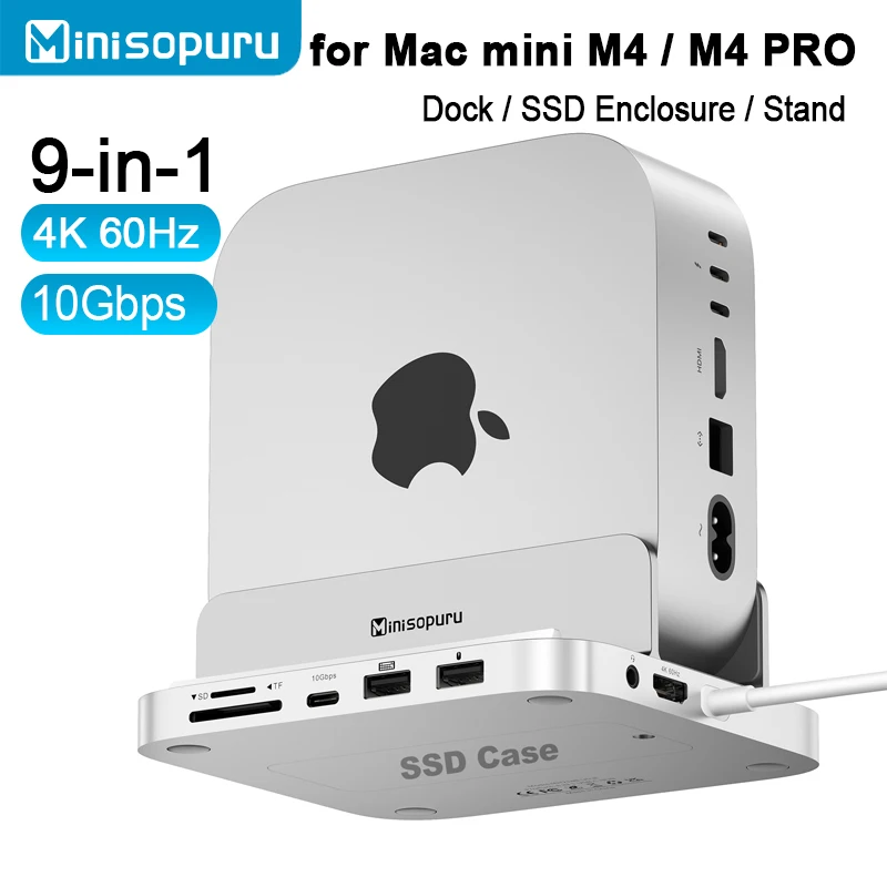 

Minisopuru 9 в 1 Mac Mini M4 док-станция с 4K HDMI, корпусом M.2 SSD, 10 Гбит/с USB C/A, TF/SD Mac Mini USB Hub для Mac Mini M4 PRO