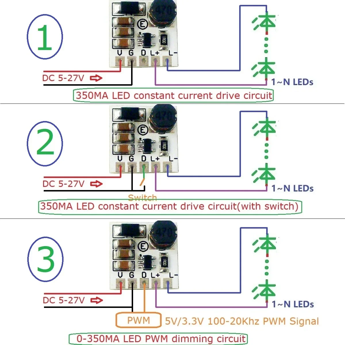 DC 5V-27V 350mA Step-down LED Driver Module Adjustable PWM Controller DC-DC Buck Constant Current For Arduino Board Module