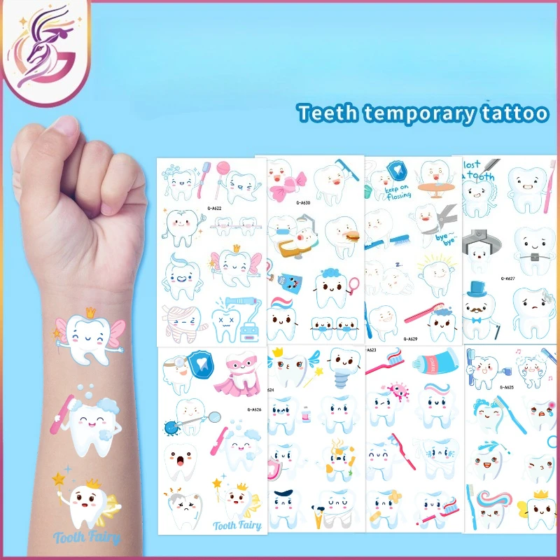 

Наклейки для татуировок на зубах, милый дизайн с белыми зубами, водонепроницаемые для детей, проверка зубов, награда для посещения, безболезненное, забавное, уход за полостью рта, образование