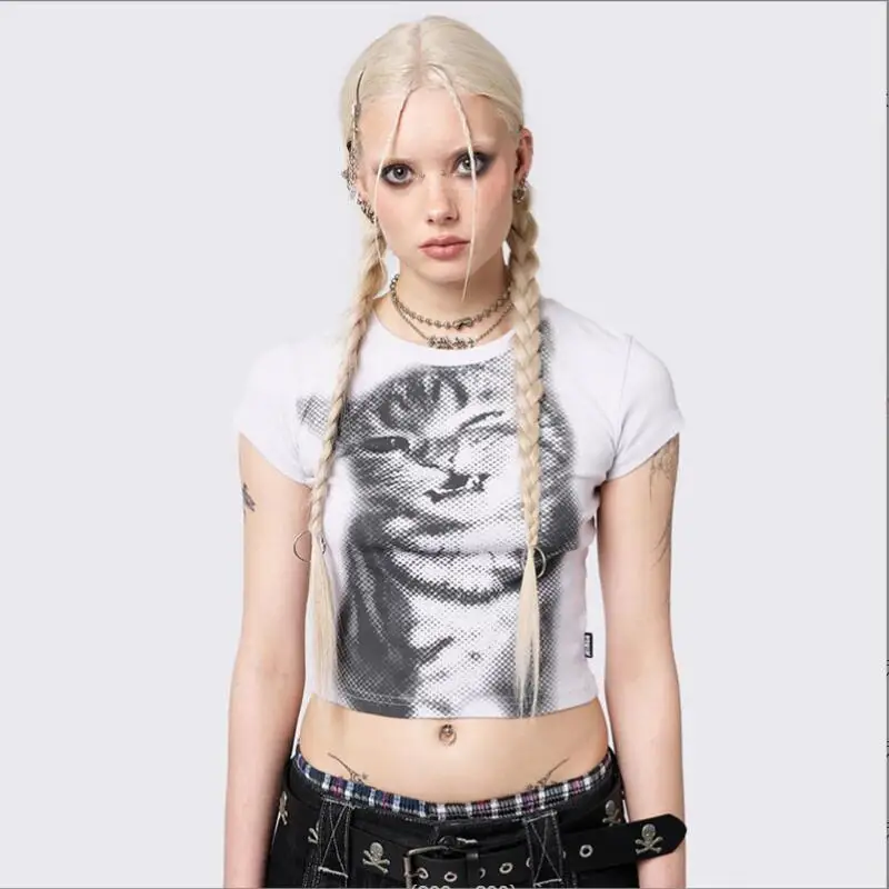 Punk Y2K Baby Short sleeved T-shirt Women's Cat Print T-shirt Women 2024 Summer Gothic Street Top E Girls Gothic w1006