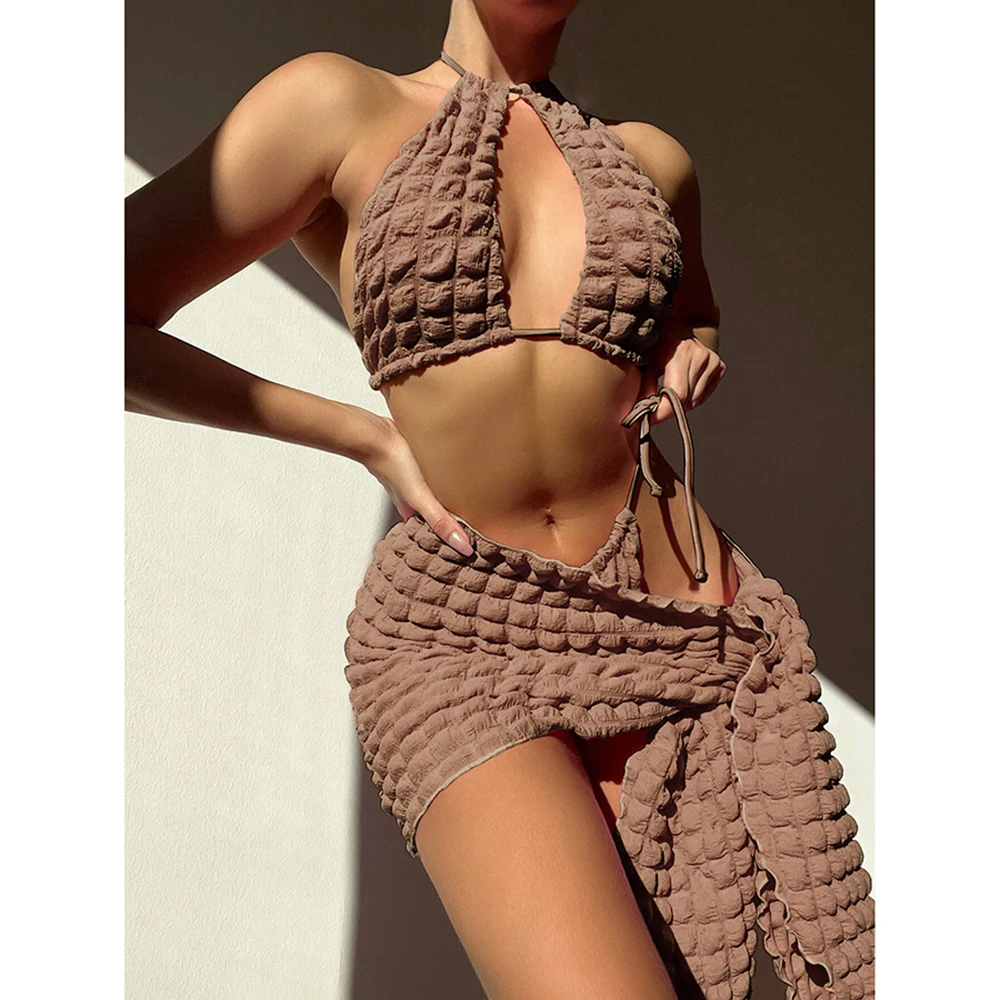 2024 New Brown Bubble cloth Three Pieces Bikini Set with Skirt Halter Swimsuit Women Bandage Swimwear Bathing Suits Biquini