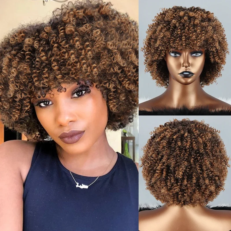 Dark Brown Mixed Light Brown African American Women Short Curly Hair Wigs Daily Party High Temperature Fiber Synthetic Wigs