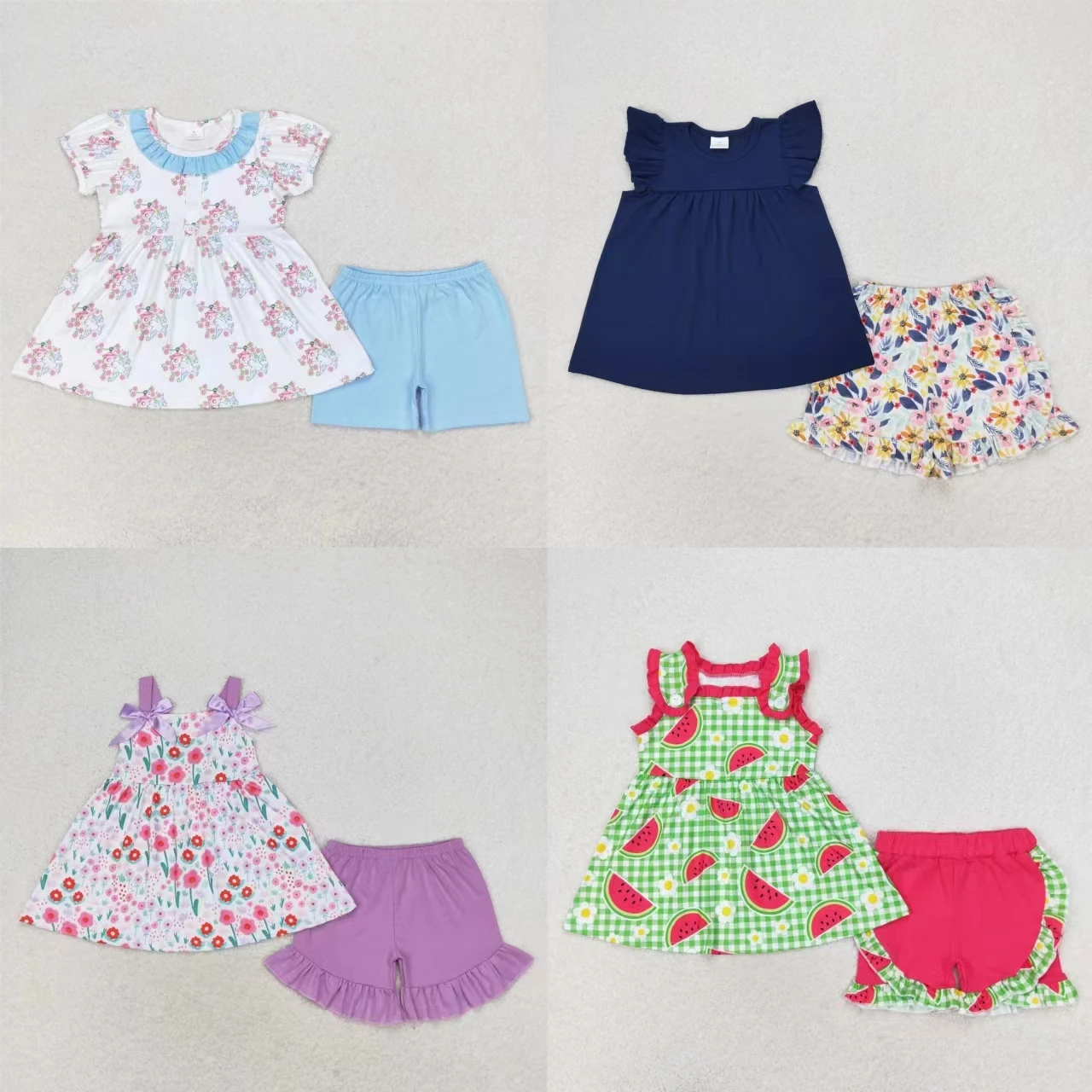 

Wholesale Baby Girl Flower Two Pieces Sets Toddler Kids Floral Watermelon Tunic Tops Shorts Children Infant Summer Outfit