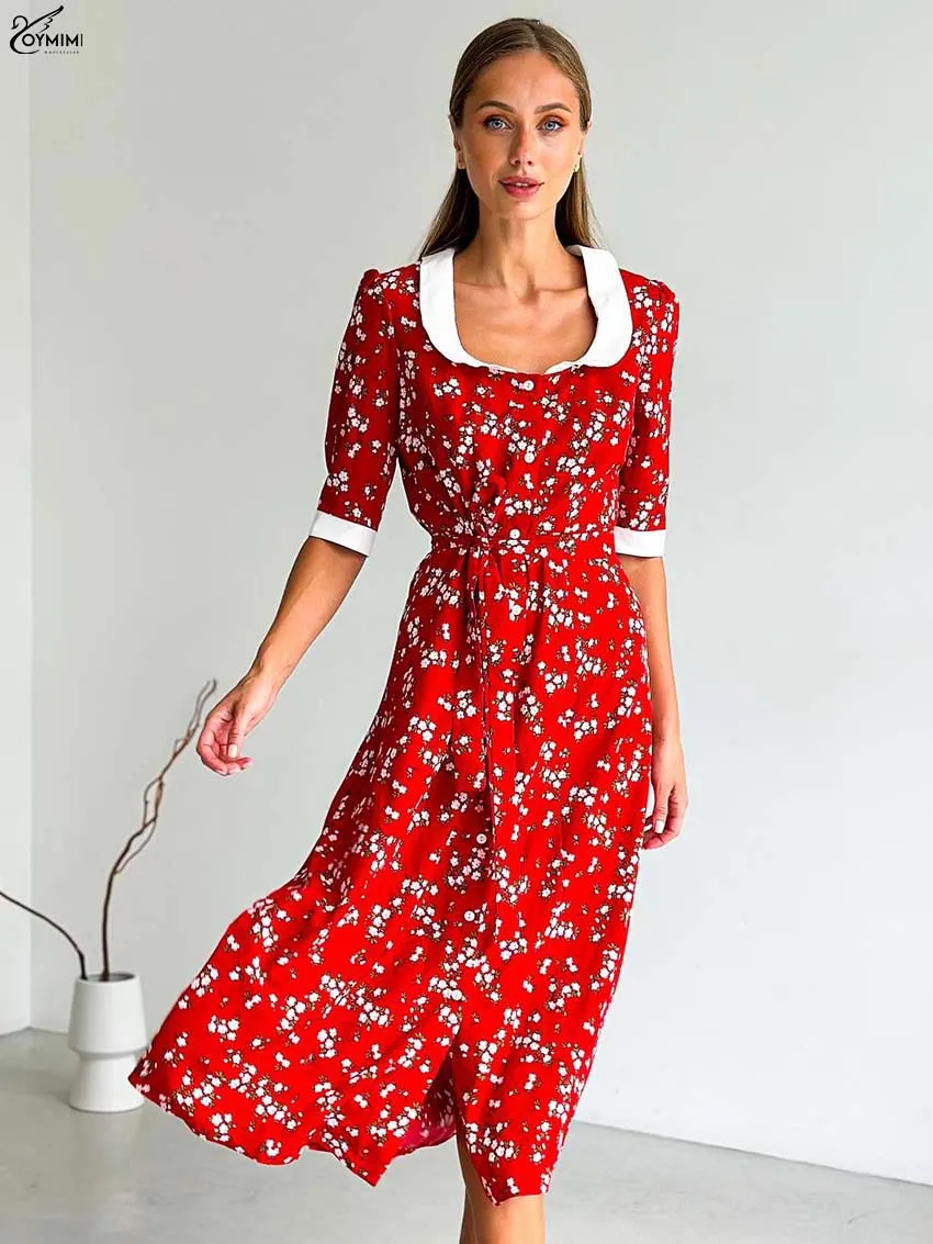 

Oymimi Fashion White Print Women's Dress Elegant Lapel Half Sleeve Button Lace-Up Dresses Autumn Straight Mid-Calf Dress Female