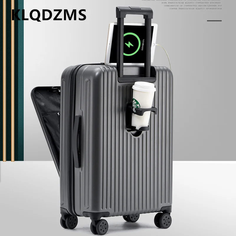 

KLQDZMS 20"24"26Inch USB Charging Luggage Front Opening Boarding Box Multifunctional Trolley Case Men's Travel Bag Suitcase