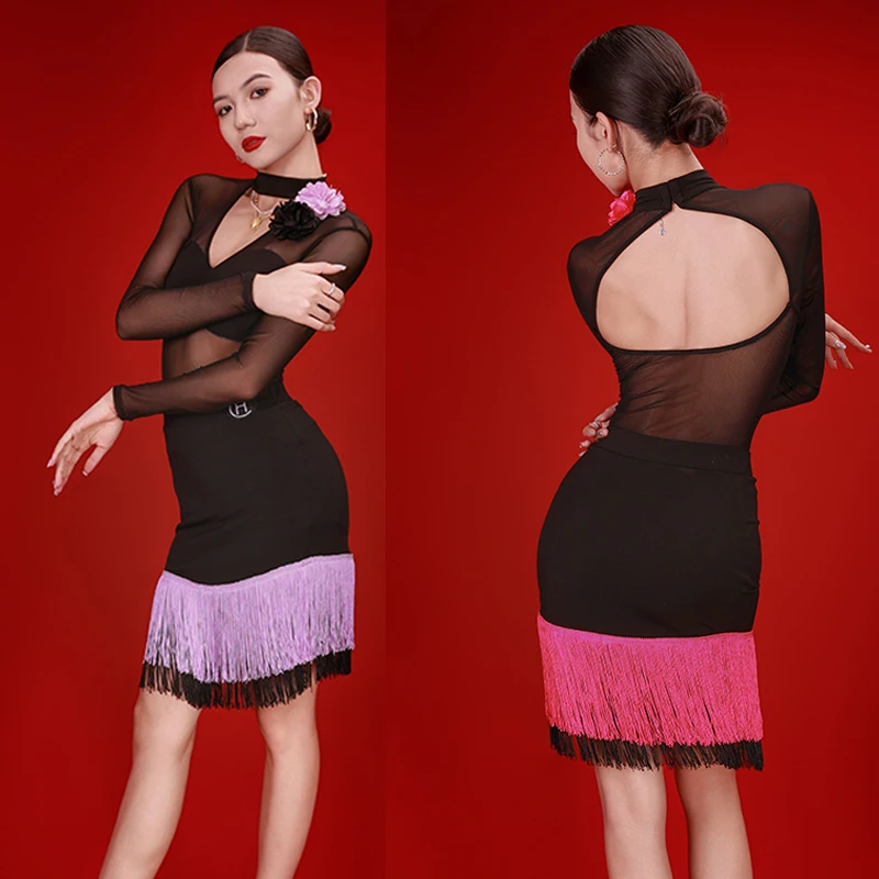 

Одежда для соревнований по латинским танцам 202, женская юбка с сетчатыми рукавами и кисточками, наряды для самбы, чачи, танго, латинское платье для взрослых, DQS21056