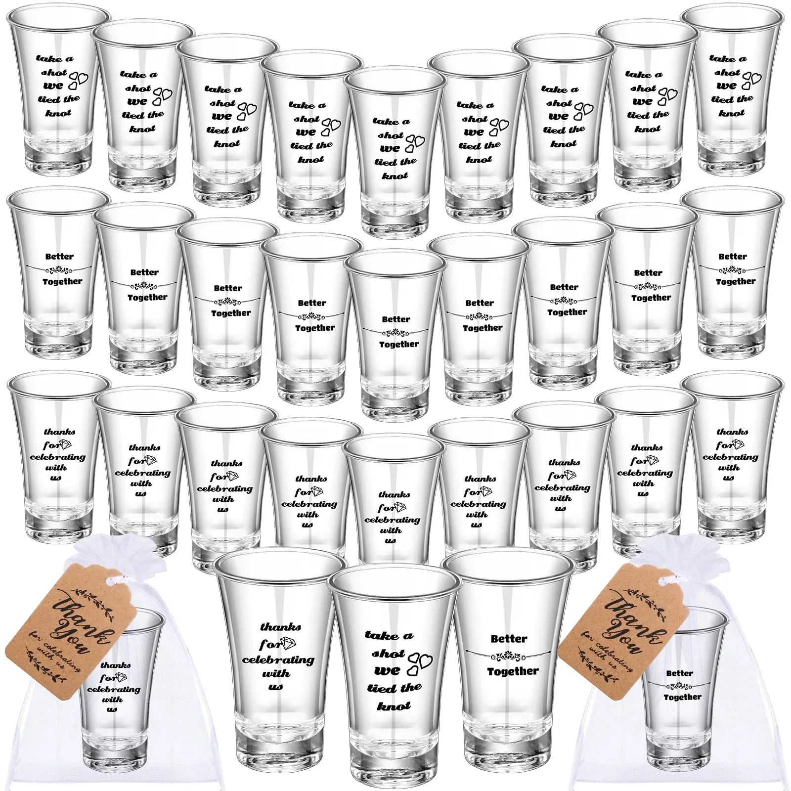 

50Pcs Wedding Party Favors for Guests Shot Glasses Bulk 1.2oz/30ml Acrylic Shot Glasses with Thanks Tags Bags for Bridal Shower